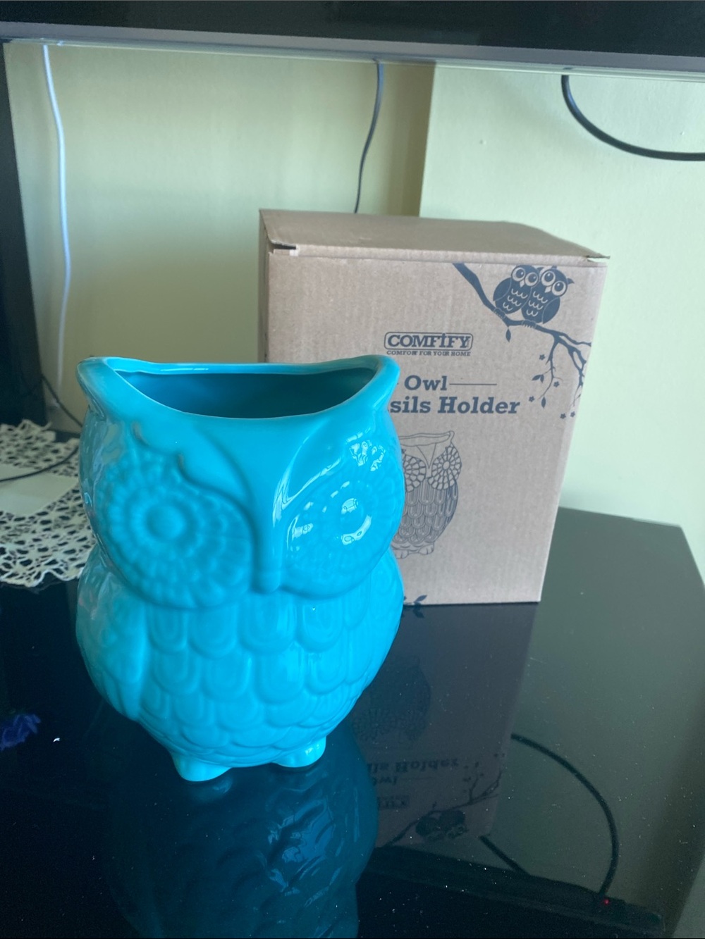Ceramic Owl Utensil Holder - Bright Blue Kitchen Organizer